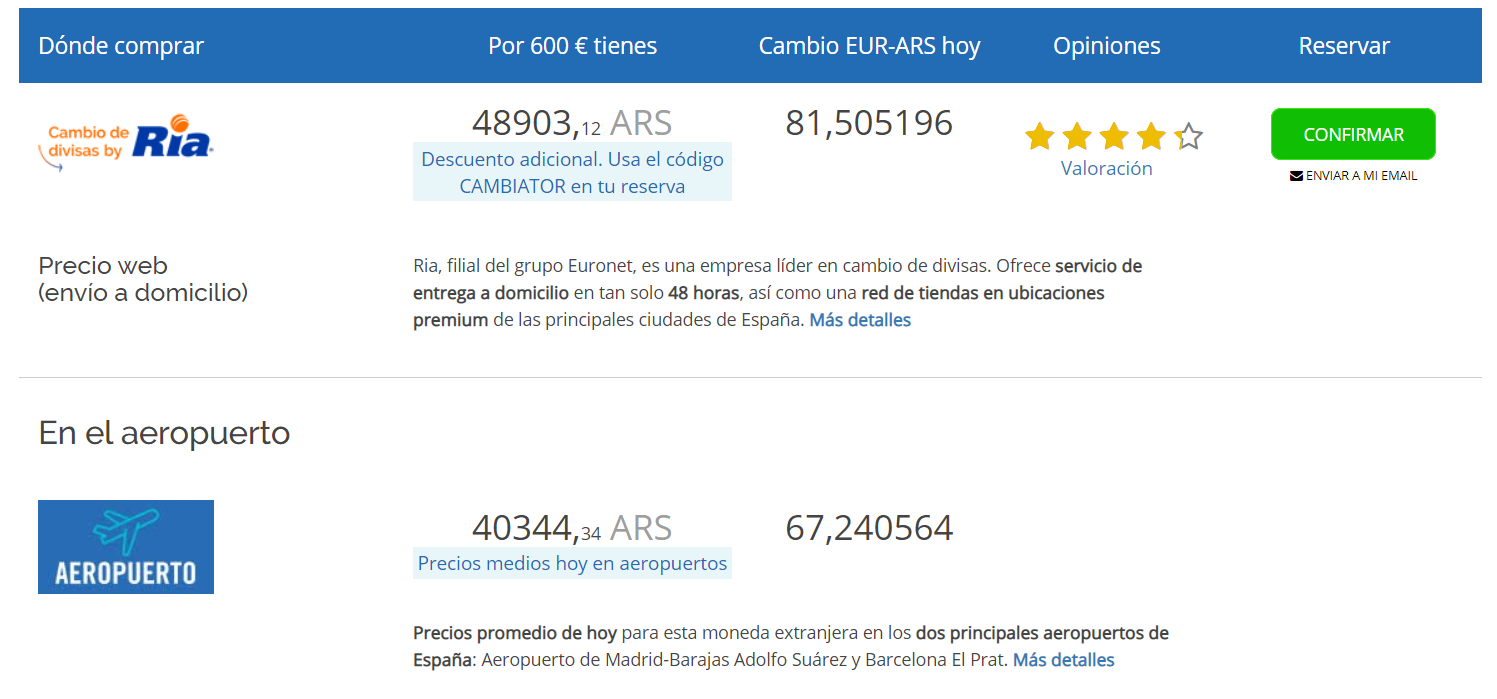 Cambio euro pesos argentinos Cambiator 2