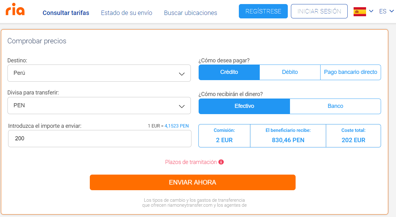 Enviar dinero a Peru con Ria