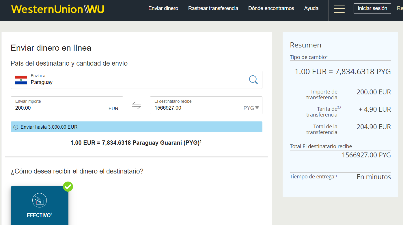 Enviar dinero de España a Paraguay con Western Union